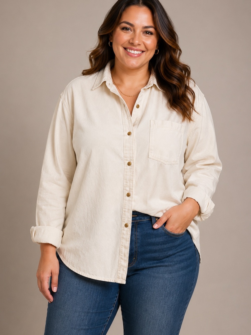 Lands' End Women's Cream Button-Down Shirt XL